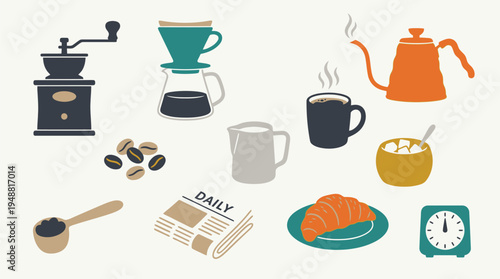 A collection of items related to coffee brewing and breakfast, including a grinder, pour-over set, kettle, mug, milk jug, coffee beans, scoop, newspaper, croissant, and timer.