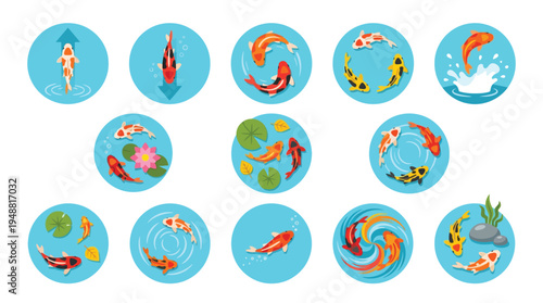Collection of circular illustrations depicting various koi fish swimming in water, some with lily pads and ripples.