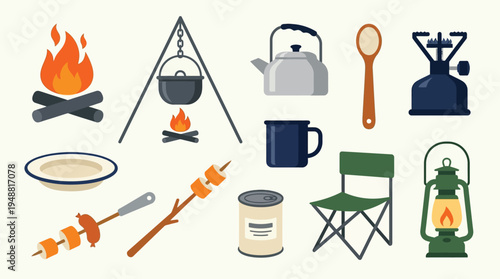 A collection of camping equipment and cooking items arranged on a light background, including a campfire, cooking pot, kettle, stove, lantern, chair, plate, mug, and skewers with food.