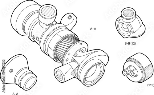 Mechanical Gear Assembly Technical Drawing, Industrial Machine Component Blueprint with Bearings and Sections, Engineering Line Art Illustration Diagram