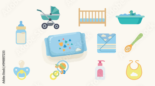 A collection of essential baby care items, including a stroller, crib, feeding bottle, pacifier, baby wipes, blanket, spoon, bib, and bath tub with a rubber duck.