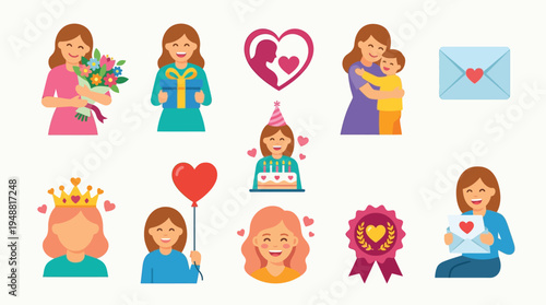 Collection of heartwarming illustrations celebrating mothers and children, featuring gifts, hugs, and expressions of love.