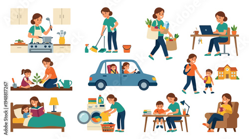 A busy mother juggles various daily tasks, including cooking, cleaning, shopping, working, gardening, driving, and caring for her children.