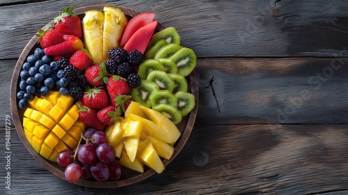 Colorful fruit platter with mango, kiwi, berries, and grapes on dark wooden background, top view of healthy vitamin rich assortment for breakfast or vegan catering service.