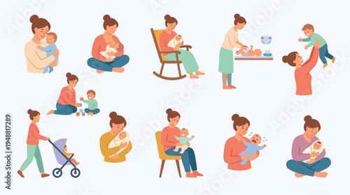 Collection of illustrations depicting mothers and babies in various nurturing and everyday activities, showcasing bonding and care.
