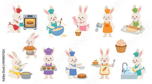 A charming collection of cartoon bunnies dressed as chefs, engaged in various baking and cooking activities, from kneading dough to decorating cupcakes and washing dishes.
