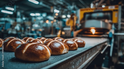 Freshly baked hot cross buns on a conveyor belt in a bakery (2)