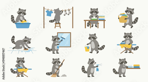 A collection of twelve illustrations depicting raccoons performing various household chores and daily activities, such as laundry, cleaning, and ironing.