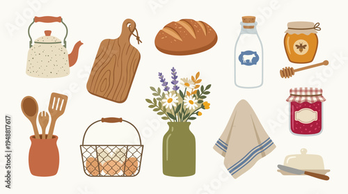 A charming collection of rustic kitchen and baking essentials, including a teapot, cutting board, bread, milk, honey, jam, and farm-fresh eggs.