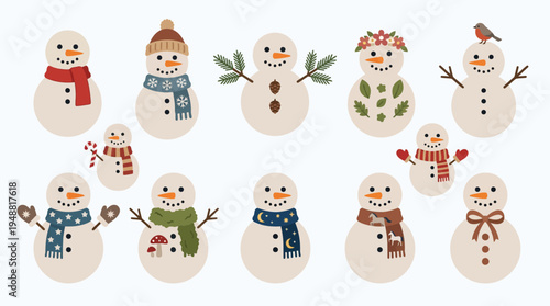 A charming collection of eleven diverse and festive snowmen, each uniquely adorned with winter accessories like scarves, hats, and mittens, set against a clean white background.