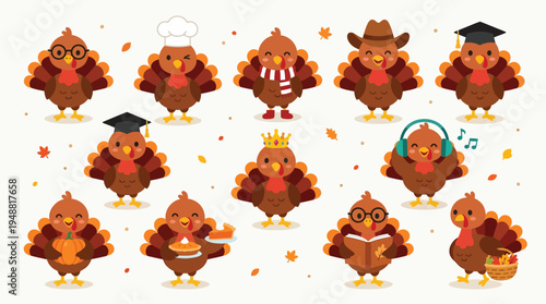 A charming collection of cartoon turkeys dressed in various outfits and accessories, celebrating Thanksgiving with festive autumn leaves.