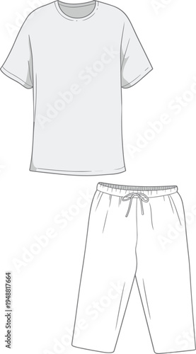 Men casual pajama set technical fashion sketch t shirt and drawstring pants vector sleepwear design