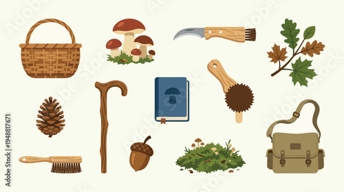 Collection of items for mushroom foraging, including a basket, knife, book, brush, cane, and various mushrooms and natural elements.