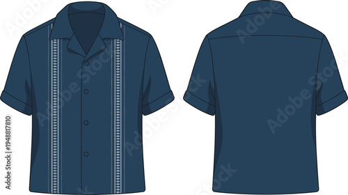 Men Cuban collar short sleeve shirt technical fashion flat with embroidered panel design front and back casual summer guayabera style vector illustration