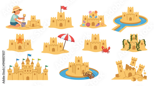 A collection of diverse sandcastles, showcasing various designs, decorations, and surrounding elements like water and beach accessories, on a sandy beach.