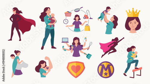 Collection of illustrations depicting mothers as superheroes juggling various tasks and responsibilities with strength and grace.