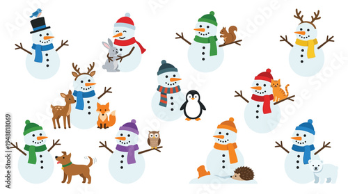 A charming collection of diverse snowmen, each uniquely adorned and accompanied by various winter animals, creating a festive and whimsical scene.