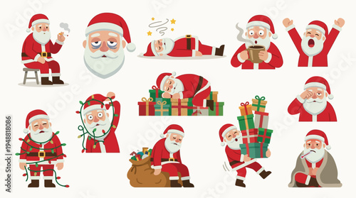 A collection of humorous illustrations depicting Santa Claus in various states of exhaustion, stress, and celebration during the Christmas season.