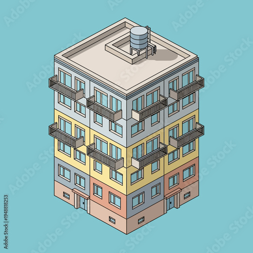Isometric illustration of a colorful apartment building with balconies and a water tank.