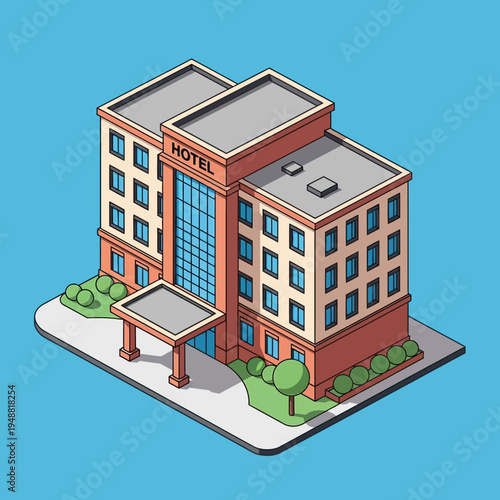 Isometric illustration of a modern hotel building with a glass facade and entrance.