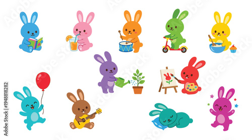 A collection of cute, cartoon-style bunnies engaged in various activities like reading, playing music, gardening, and celebrating.