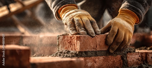 The Bricklayer's Hands Building a Red Brick Wall with Mortar