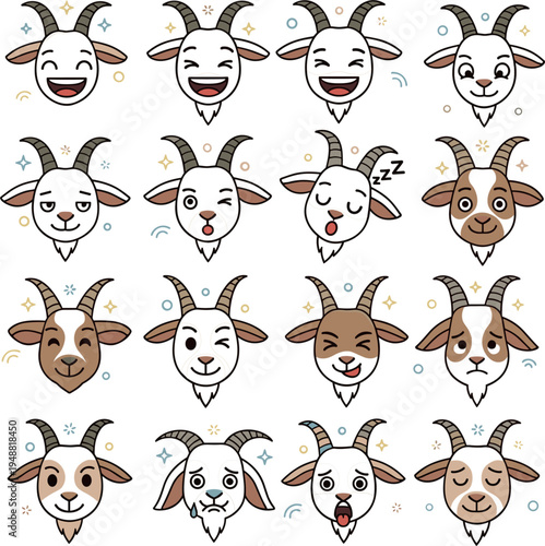 Cute Cartoon Goat Face Emotion Set with Different Expressions, Funny Farm Animal Mascot Collection for Kids Stickers and Character Design