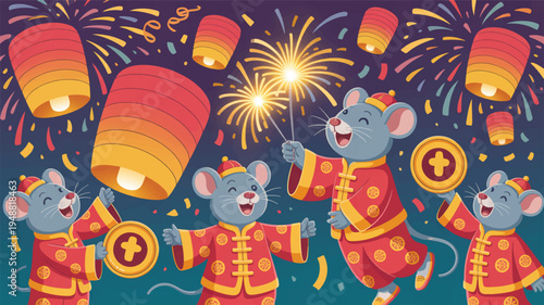 Three joyful cartoon mice in traditional chinese attire celebrate with lanterns and fireworks at night