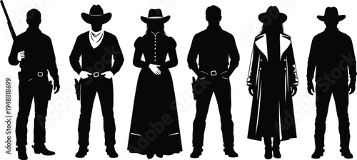 Collection of Wild West Outlaw Silhouettes Featuring Cowboys and Cowgirls in Vintage Western Attire Isolated on a Clean White Background