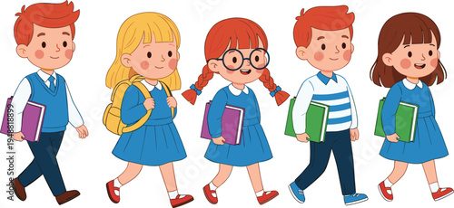 Group of happy elementary school children in blue uniforms walking to class with books and backpacks for back to school