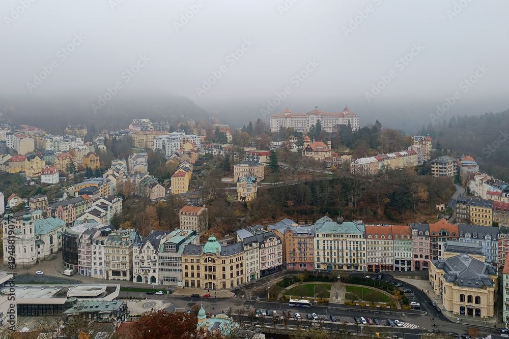 Fototapeta premium Foggy panoramic view of Karlovy Vary city