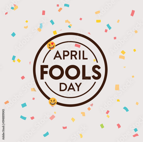 April fools day celebration with confetti and emojis on light background