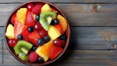 Vibrant fruit salad bowl with strawberry, kiwi, blueberry, and pineapple slices on rustic wooden table, healthy organic dessert and breakfast for weight loss and wellness.