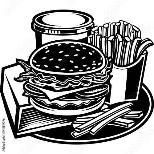 Cartoon fast food meal with burger fries and drink vector illustration