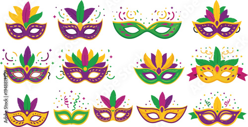 Colorful Carnival Mask Collection with Feather Decorations Mardi Gras Party Masquerade Costume Masks and Festive Celebration Illustration Set