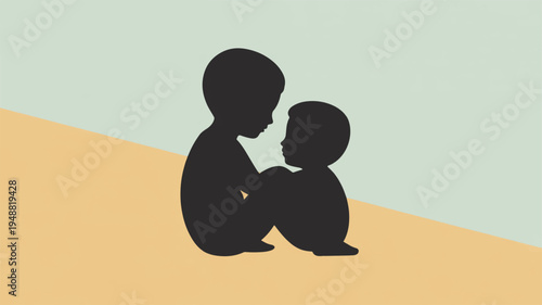 Two black silhouettes of a man and child sitting on a sandy beach with a serene green background