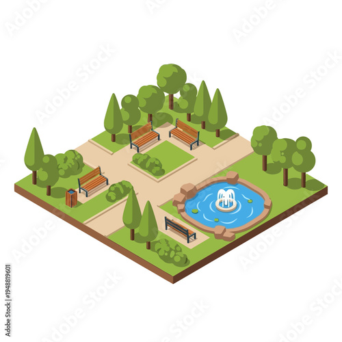 Isometric illustration of a park with benches, trees, a fountain, and pathways.