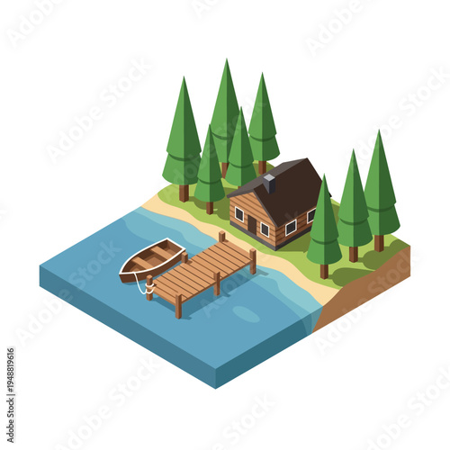 Isometric illustration of a lakeside cabin with a dock and boat, surrounded by trees.