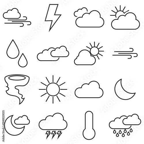 Weather Forecast Icon . Minimal  weather icons set including sun, cloud, rain, wind, snow, and temperature symbols for forecast apps, UI design, and meteorology graphics.