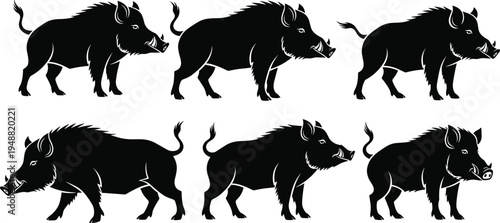 Wild boar black silhouette set isolated on white background, forest animal hunting trophy icons, feral pig and hog vector elements (