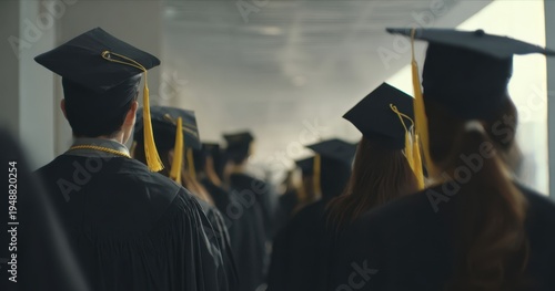 The Graduates in Caps and Gowns Walking Through a Corridor During Commencement Ceremony