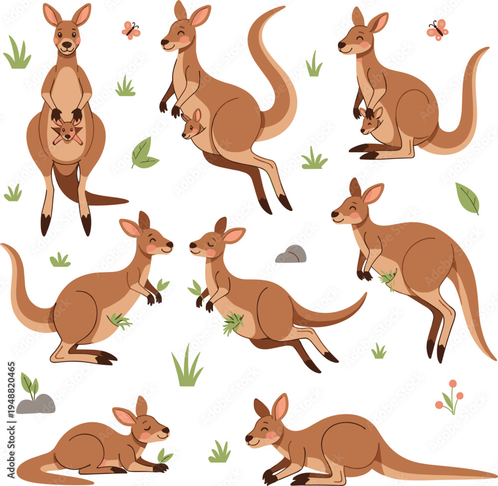 Obraz premium Cute Kangaroo Cartoon Animal Set with Joey in Pouch Showing Different Poses Jumping Sitting Running Australian Wildlife Character Vector Illustration Collection