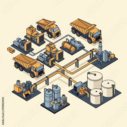Isometric illustration of an industrial complex with trucks, pipes, and tanks.