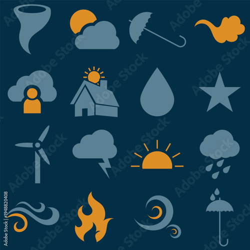 Weather Forecast Icon . Minimal  weather icons set including sun, cloud, rain, wind, snow, and temperature symbols for forecast apps, UI design, and meteorology graphics.