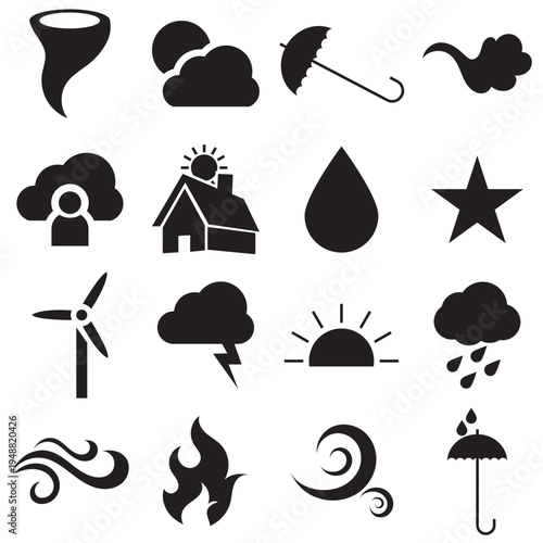 Weather Forecast Icon . Minimal  weather icons set including sun, cloud, rain, wind, snow, and temperature symbols for forecast apps, UI design, and meteorology graphics.