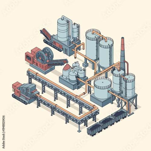 Isometric illustration of a detailed industrial plant with various processing units.