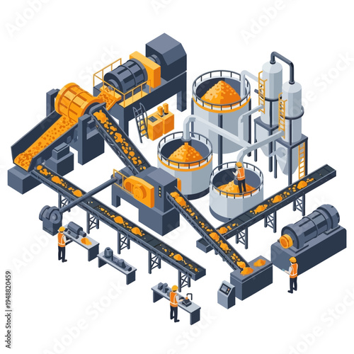 Isometric illustration of a complex industrial plant with machinery, workers, and materials processing.