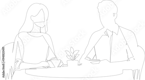 Professional discussion between two individuals seated across a small table, Art & Illustration