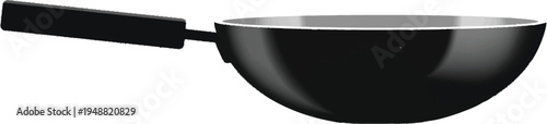 Modern black wok pan with long handle for stir frying or asian cooking isolated on transparent checkered background plate
