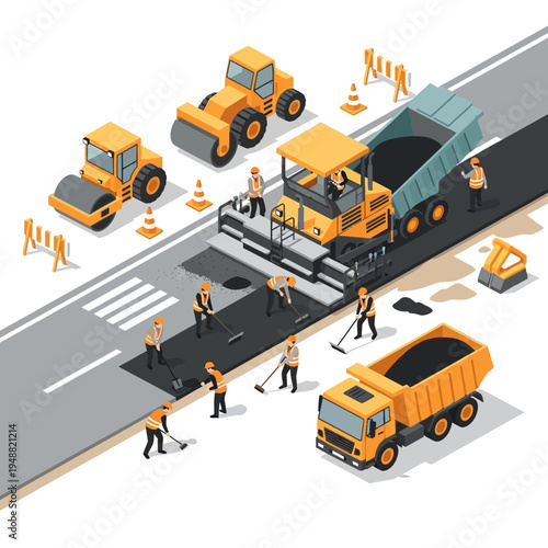 Isometric illustration of road construction process, including machinery and workers laying asphalt.